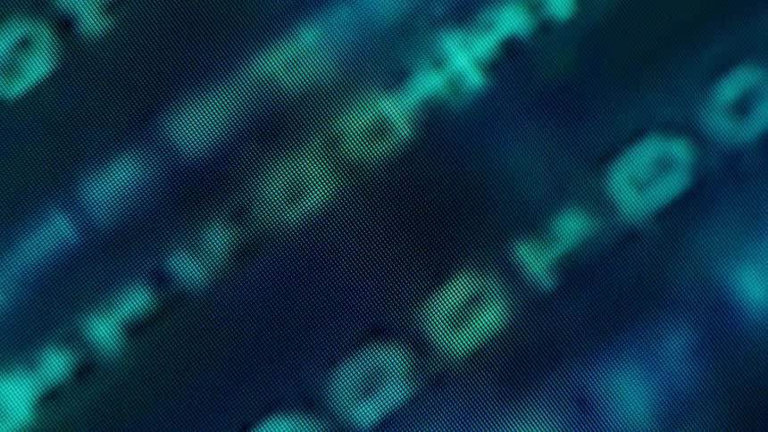 A screen with flashing binary code flashes