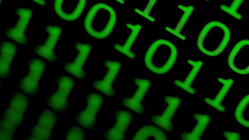 A computer screen with green 1's and 0's is shown
