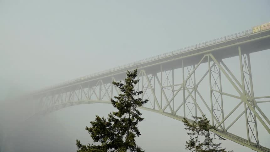 Fog hangs over a bridge in a natural setting during the day
