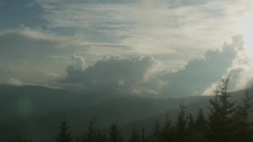 Birds fly above tall mountains on a sunny day