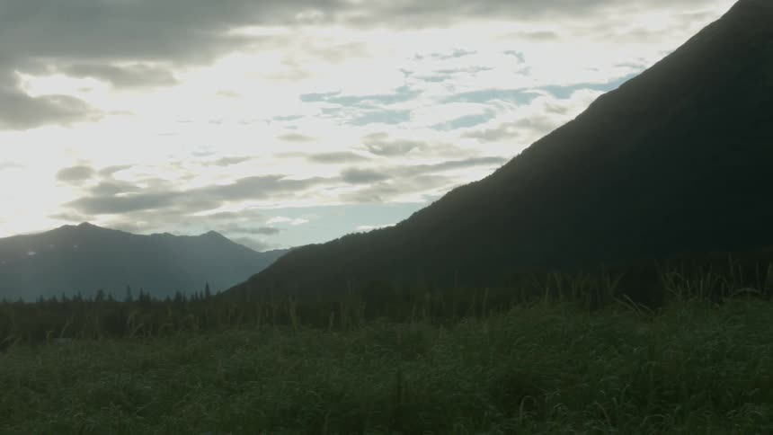 A panning view of a lush green field and mountains in the background