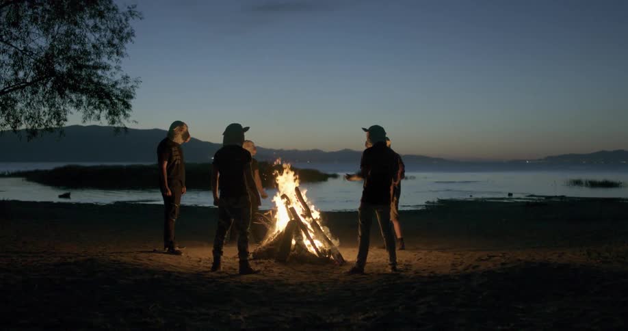 People wearing animal masks standing by bonfire after sunset