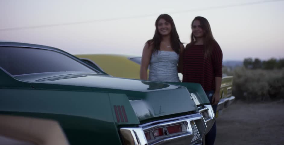 Two woman stand smiling in a row of older american cars