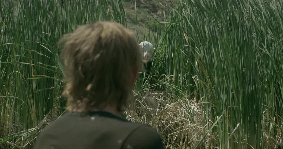 A man finds a person wearing a sheep mask in a swamp
