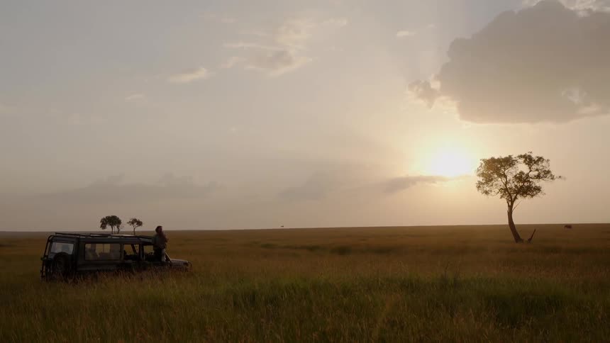 A vehicle is on a safari at sunset