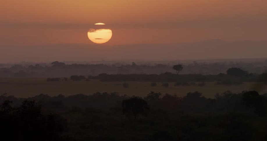 Sun sets over trees and grassland