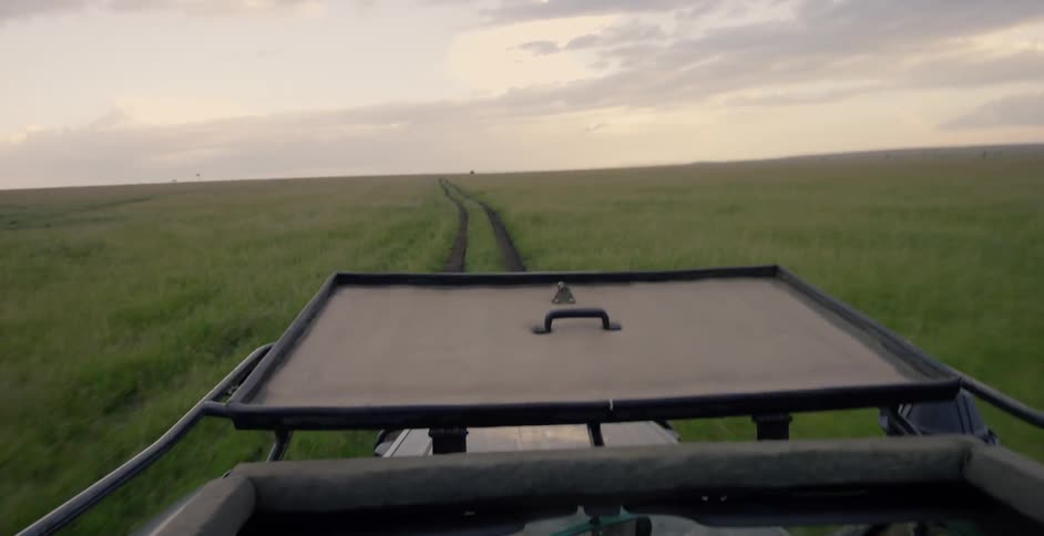 The truck is driving down the grass field on a cloudy day