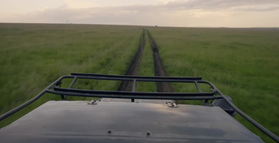 A truck drives through a path in a field