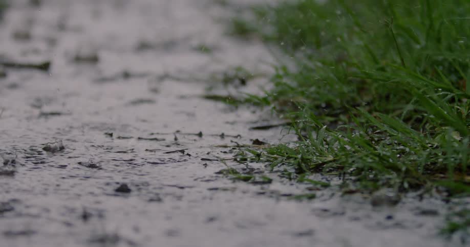 Rain drops falling into a large muddy puddle