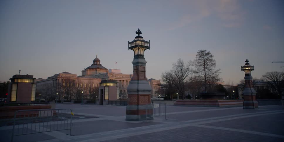 The square of this town is empty at sunrise