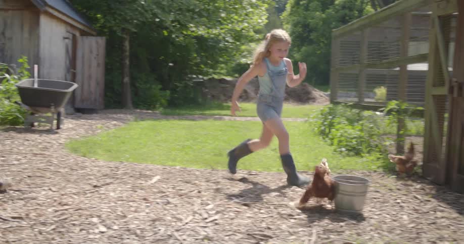 A girl chases a chicken in the yard
