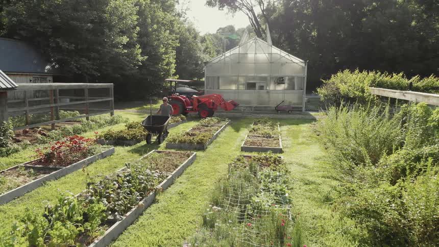 Man pushes wheelbarrow through garden beds