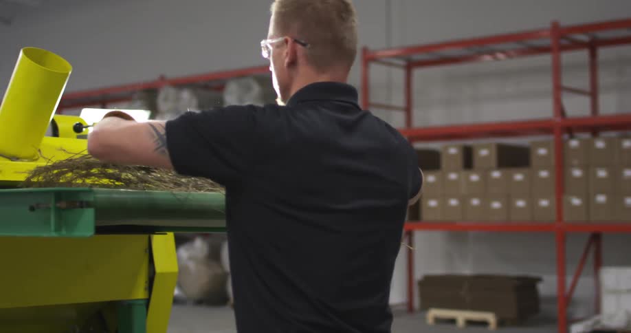 A white man feeds weeds into a machine in a factory