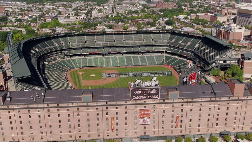 A baseball stadium is being filmed from above