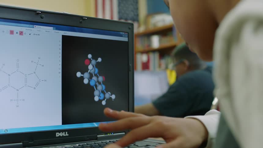 Student looks at an organic molecule on a laptop
