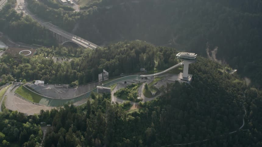 Zoom out from olympic Bergisel ski jump