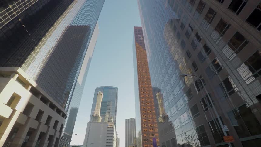 Skyscrapers towering overhead in a city