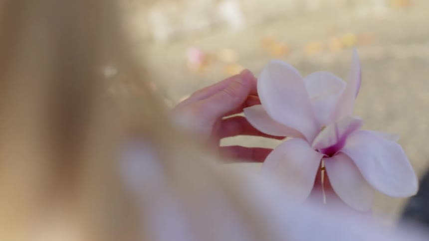 A woman is holding a pink flower on a windy day