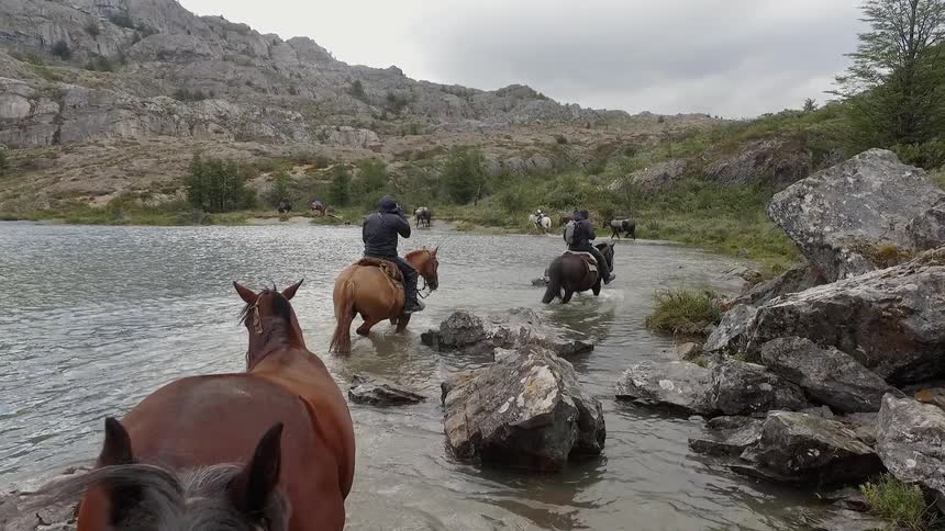 Men on horseback lead other horses along a river