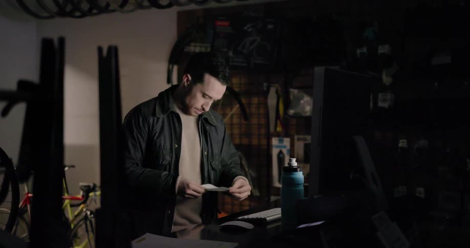 A man is at a workbench using a computer