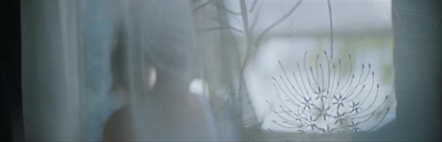 Woman Looking Out Window Behind Curtain
