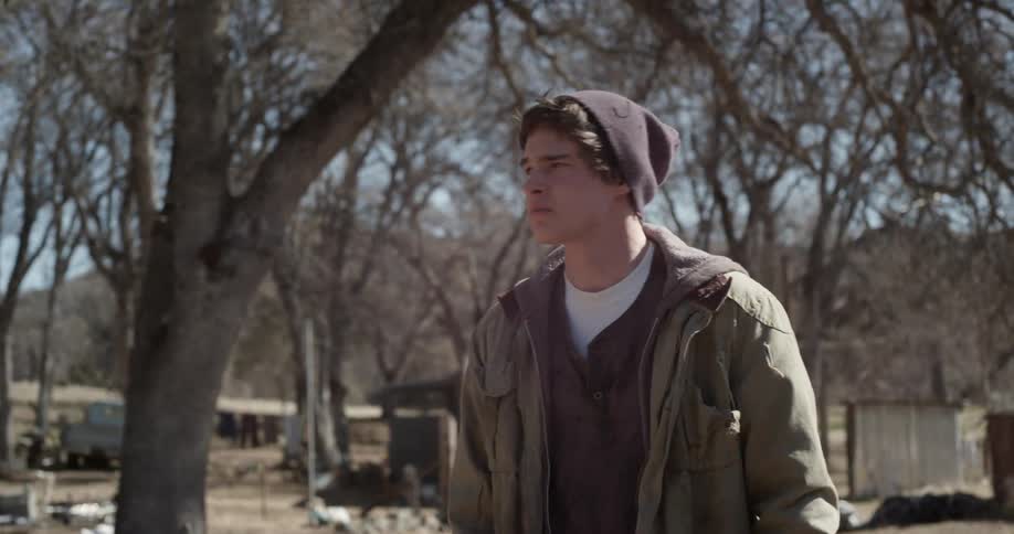 A man is standing in the yard talking