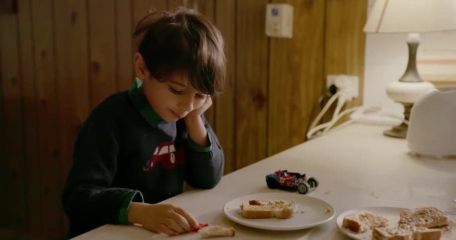 Boy eats toast at kitchen counter