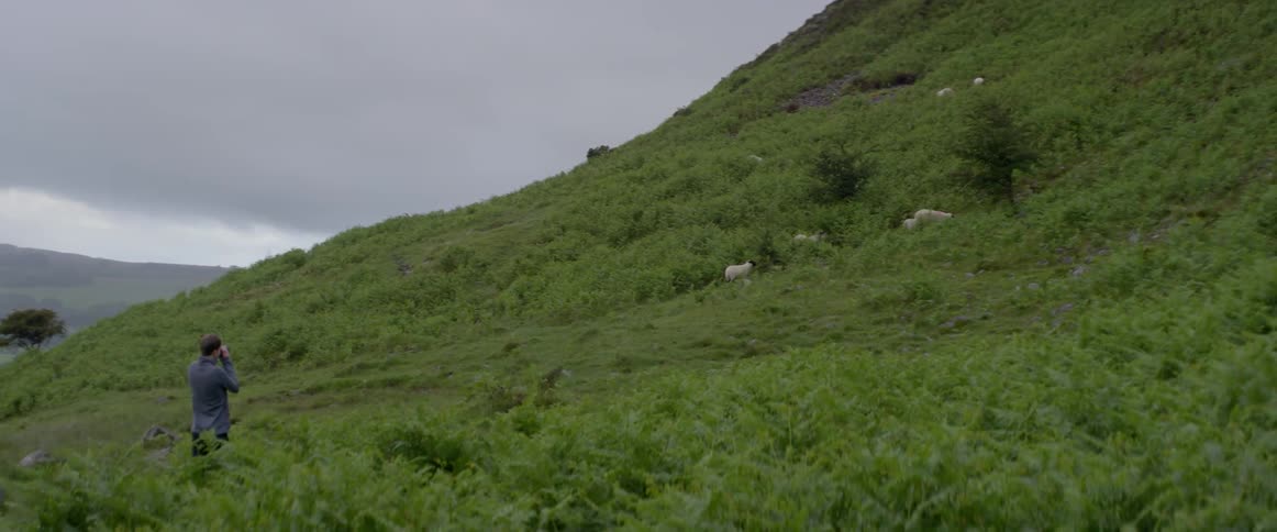 A man climbs up a grassy hill under overcast skies