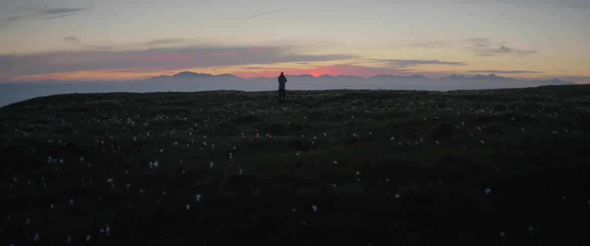 A man walks through an open field at sunset