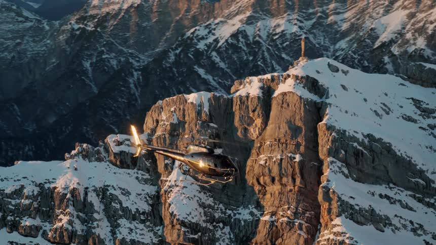 A helicopter flies above mountains