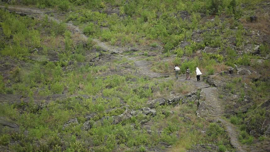People walking on a rocky path through brush