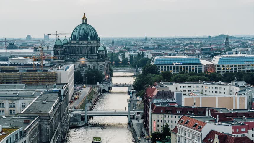 A river flows through a city