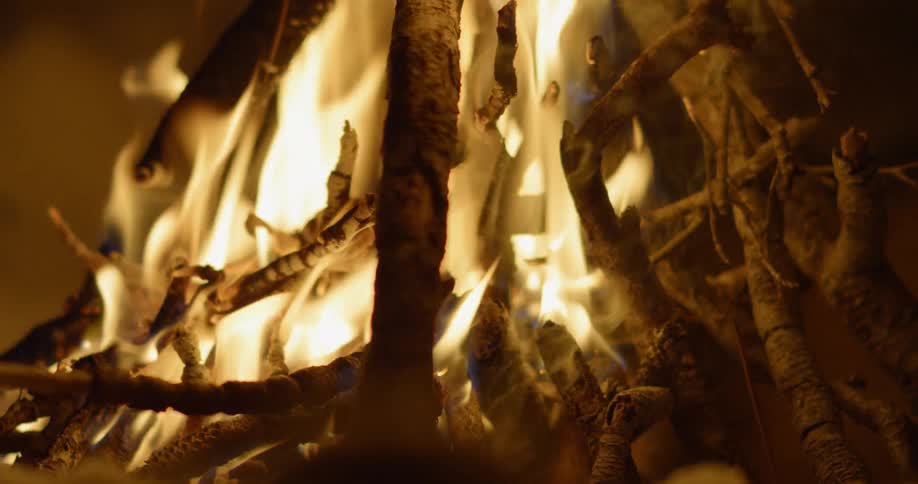 A fire is built with small sticks