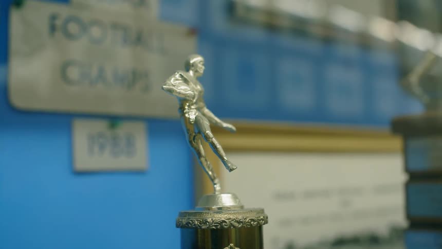 A gold statue sits in the display case