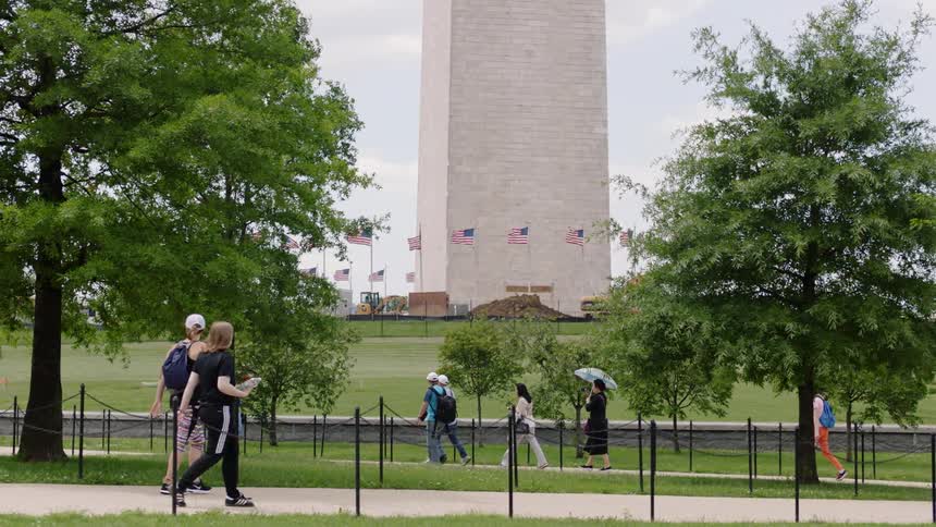 People walking outside by washington monument