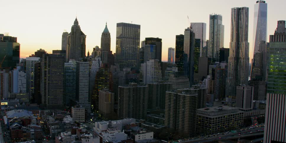 A city skyline at sunset