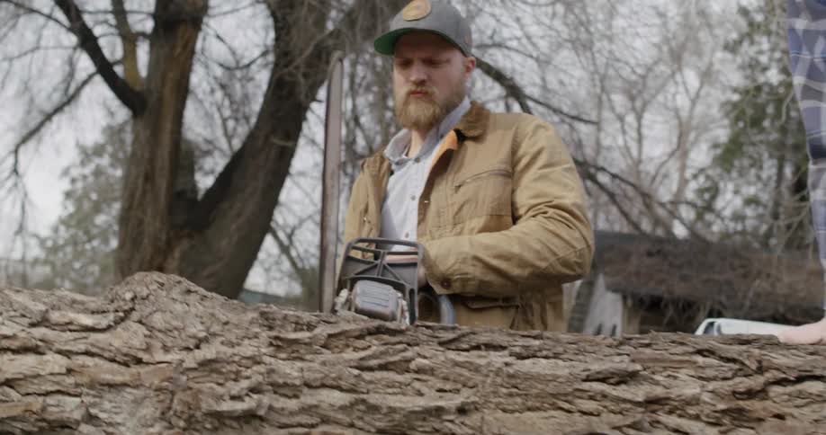 A man cuts a tree trunk with a chainsaw