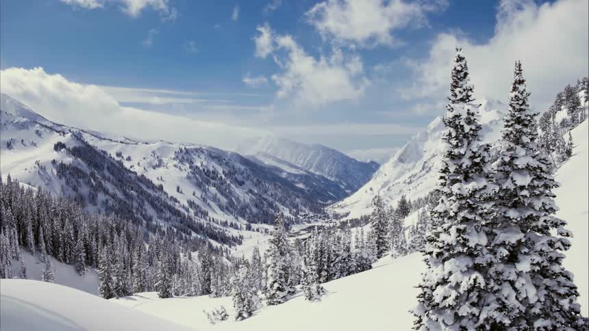 Snow covers the mountain landscape