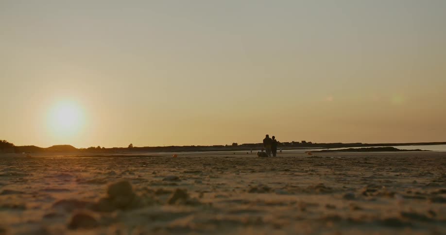 People walking along a beach at sunset