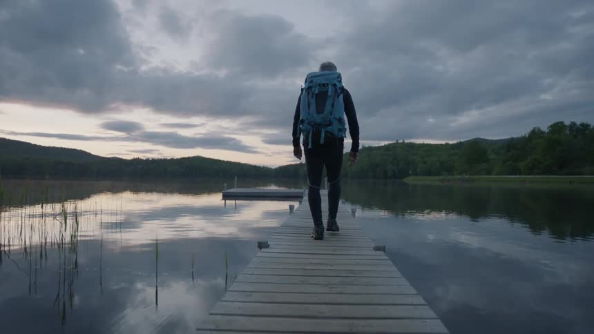 Hiker walks on a lake dock at sunset