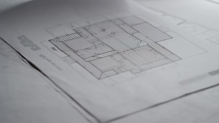 A person lifts up a blueprint from a stack on the table