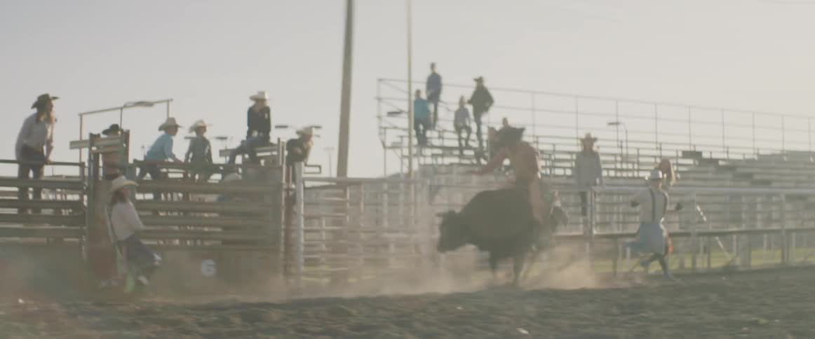 Man rides a bull at a rodeo