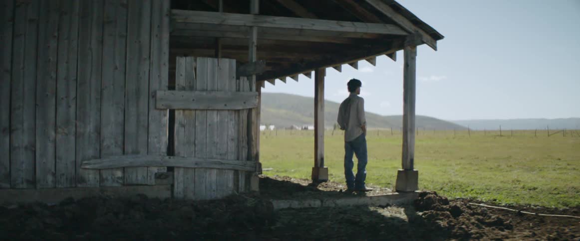 Young man stands outside a barn