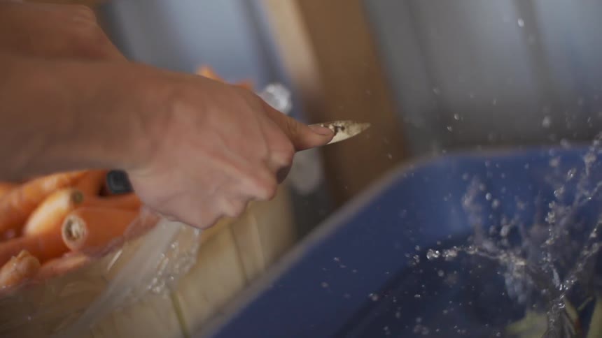 A person cuts onions into a large tub of water