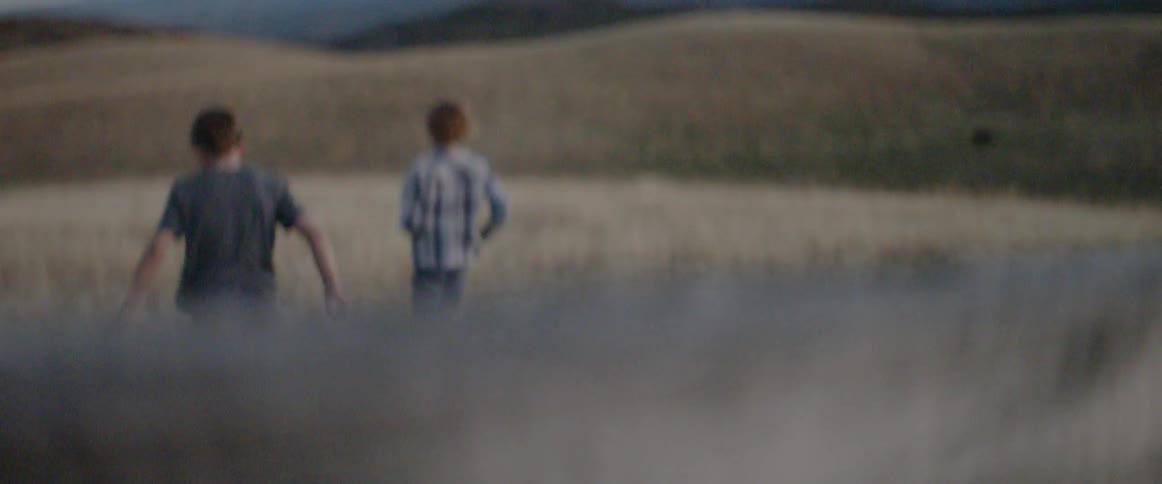 Two boys cross a golden field at dusk, jumping a fence in search of adventure