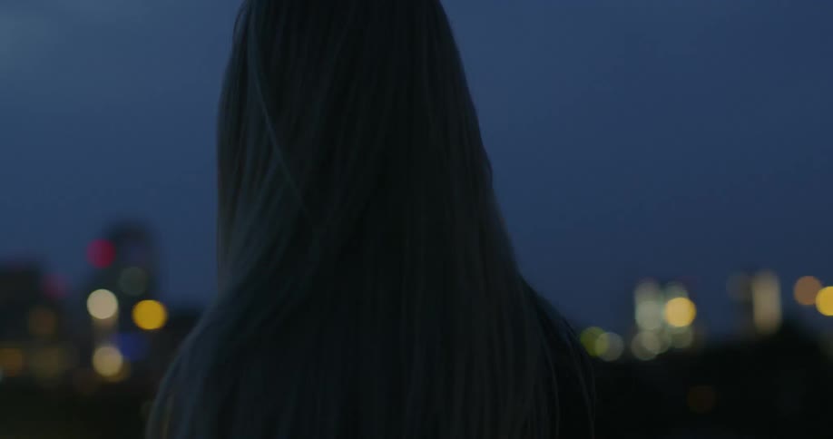 A woman looks towards the city at dawn