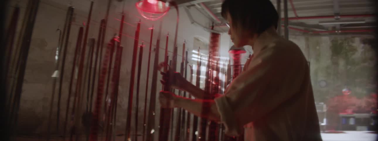A woman is examining reels of film that are hanging