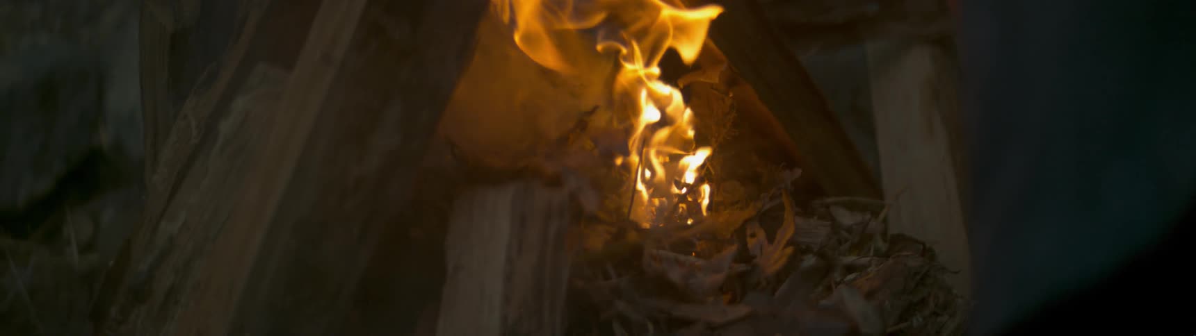 Campfire starting with leafs burning