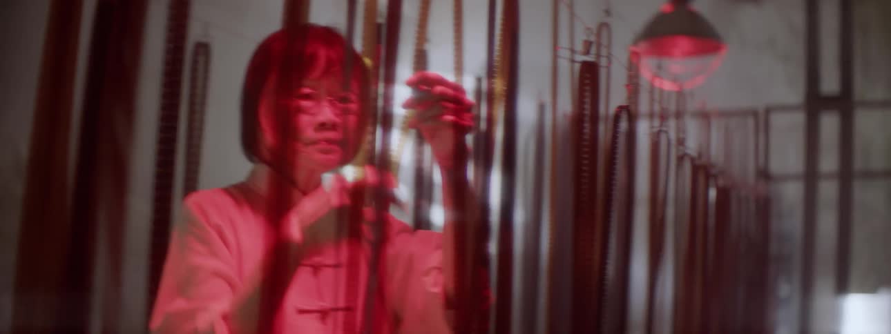 A woman examines film hanging all around