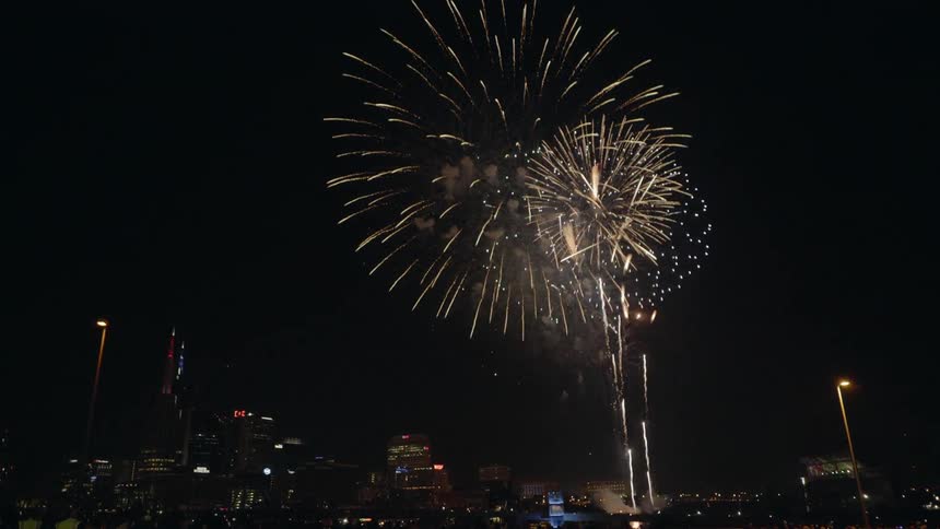 Synchronized Fireworks Shooting Off In A City At Night